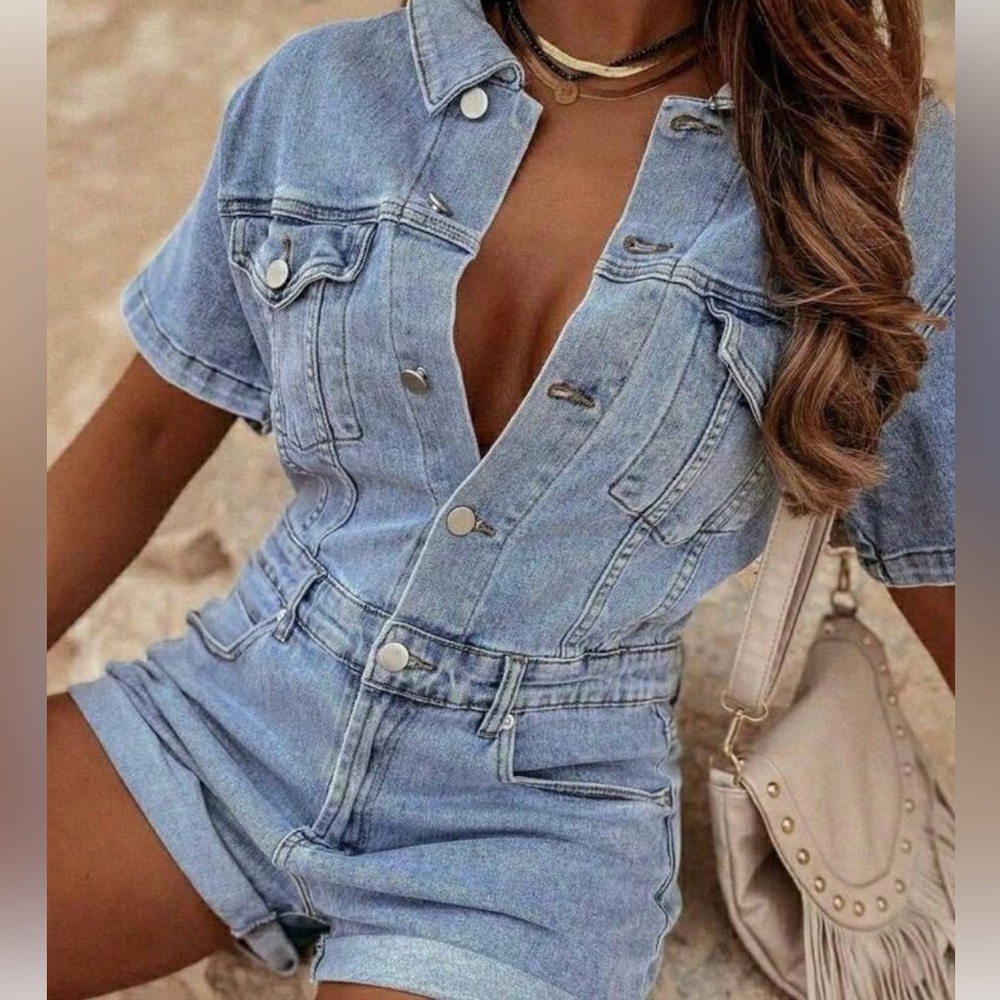 Denim Short Sleeve Jumpsuit by SHEIN
